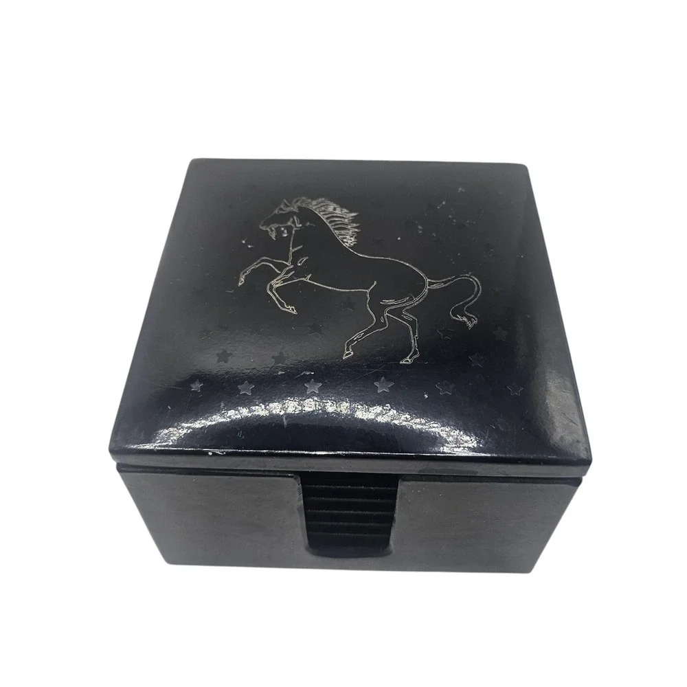 VTG Otagirl Black Gold Unicorn Coaster Set with Holder Stars Celestial 5 Piece